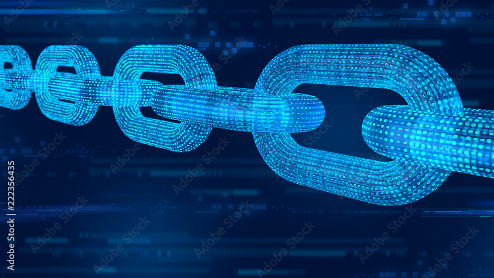 Poster block chain. crypto currency. blockchain concept. 3d wireframe chain with digital code. editable cry