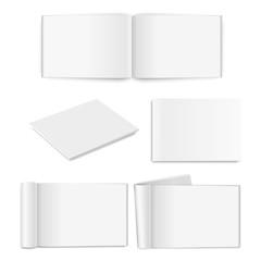 Vector realistic empty paper closed and opened A4 horizontal magazine, book, catalog or brochure with rolled white paper pages, turned sheets icon set closeup on white background. Design template