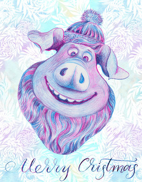 Christmas card with a pig. Pencil drawing. Happy New Year and Merry Christmas! Wallpaper. Use printed materials, signs, posters, postcards, packaging. Piglet is a symbol of 2019.
