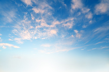 Fototapeta premium Soft clouds in blue sky summer background. Copy space