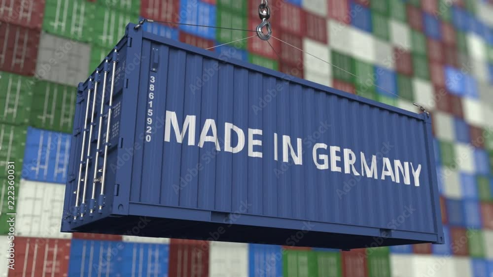 Aufkleber container with made in germany caption. german import or export related loopable animation