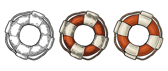 Lifebuoy with rope isolated on white background. Vector vintage engraving © MoreVector