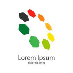 Logotipo abstracto con hexagonos en circulo con perspectiva en varios colores