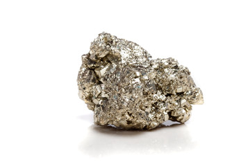 Macro mineral stone Pyrite gold on white background
