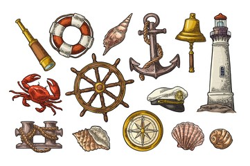 Naklejka premium Anchor, wheel, bollard, hat, compass rose, shell, crab, lighthouse engraving