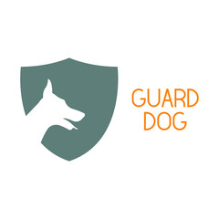 Logotipo escudo con cabeza perro y texto GUARD DOG en gris y naranja