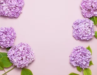 Papier Peint photo autocollant Hortensia Lilac pink hydrangea flower on pastel pink background flat lay. Mothers Day, Birthday, Valentines Day, Womens Day, celebration concept. Top view Floral background.