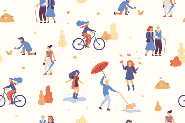 People in the autumn park having fun, walking the dog, riding bicycle, jumping on puddle, playing with autumn leaves, with umbrella and bulldog. Casual people in fall forest seamless vector pattern