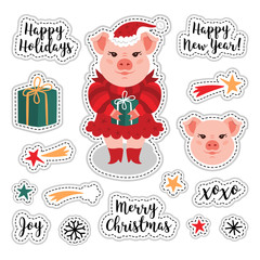 Vector patch set - Christmas and Happy New Year 2019. Cute pig, gift, snowflakes, fireworks, stars ang lettering - great for stickers, embroidery, badges, fashion, applique