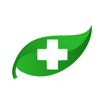 Logotipo hoja verde con cruz espacio negativo