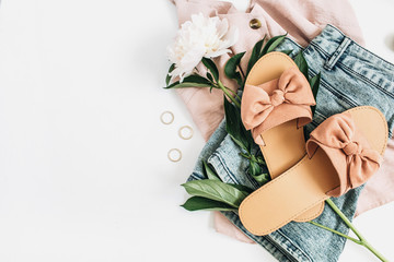 Woman fashion background with white peony flower, slippers, sunglasses, earrings, shorts, t-shirt....
