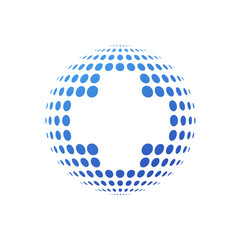 Logotipo sanidad global con cruz espacio negativo en circulos azul
