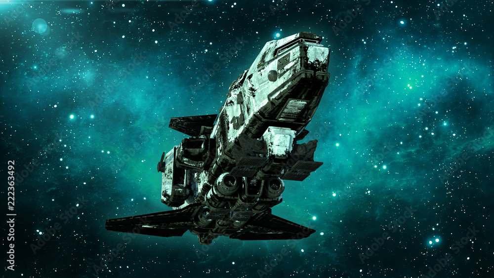 Sticker old alien spaceship in deep space, dirty spacecraft flying in the universe with stars in the backgro