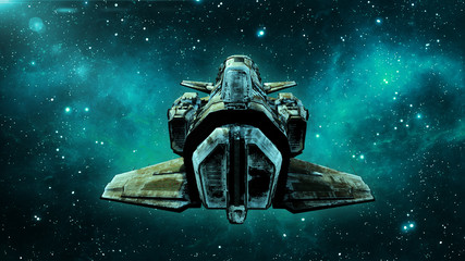 Old alien spaceship in deep space, dirty spacecraft flying in the Universe with stars in the background, UFO back view, 3D rendering © freestyle_images