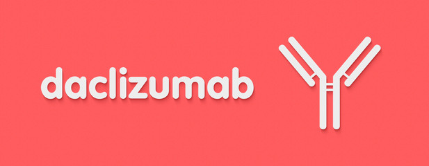 Daclizumab monoclonal antibody drug. Targets CD25 (alpha subunit of IL-2 receptor on T-cells) and is used in treatment of multiple sclerosis. Generic name and stylized antibody representation.