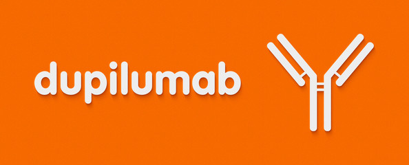 Dupilumab monoclonal antibody drug. Targets alpha subunit of interleukin-4 receptor and is indicated for the treatment of atopic eczema. Generic name and stylized antibody representation.