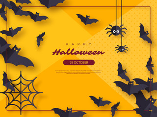 Halloween holiday background. Paper cut style flying bats and spiders. Yellow color background with frame and greeting text. Vector illustration.