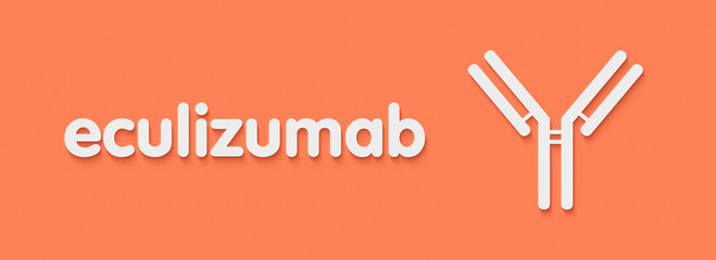 Eculizumab monoclonal antibody drug. Targets complement component 5. Generic name and stylized antibody representation.