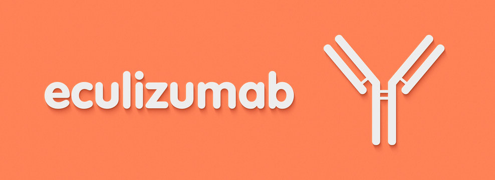 Eculizumab monoclonal antibody drug. Targets complement component 5. Generic name and stylized antibody representation.