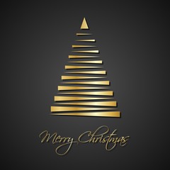 Fototapeta premium Modern golden christmas trees on black background, holiday greeting card with merry christmas sign