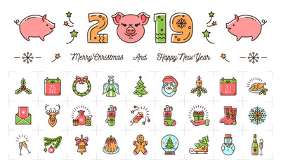 Christmas and New Year icons, 2019 year the Pig, Holiday colorful signs. Thin line art design, Vector outline illustration