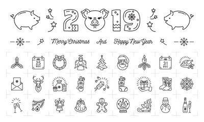New Year icons, Pig icons and 2019 year number. Christmas flat symbols, Thin line art design, Vector outline illustration