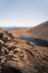 Landscape view of the lake at the base of Mount Evans in Colorado. 