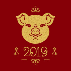 Happy New Year card - 2019 year of the pig, Christmas greeting card. Cute golden pig and number 2019 on a red background, gold texture. Vector illustration