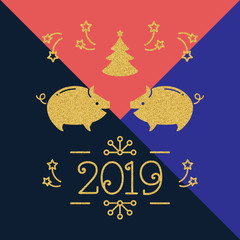 Modern Happy New Year card - 2019 year of the pig, Holiday card. Golden pigs and number 2019 on a colorful creative background. Vector greeting card