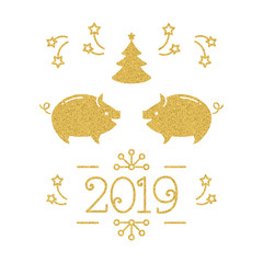 Happy New Year card - 2019 year of the pig, Holiday card. Golden pigs and number 2019 on a elegant white background, gold texture. Vector greeting card