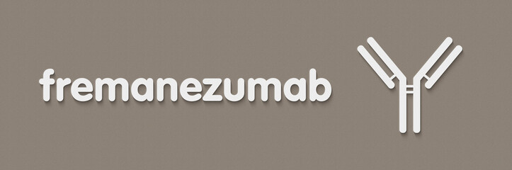 Fremanezumab monoclonal antibody drug. Targets calcitonin gene-related peptides (CGRP) A and B. Generic name and stylized antibody representation.