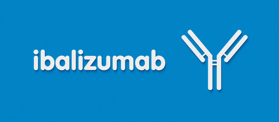 Ibalizumab monoclonal antibody drug. Used in treatment of HIV. Generic name and stylized antibody representation.