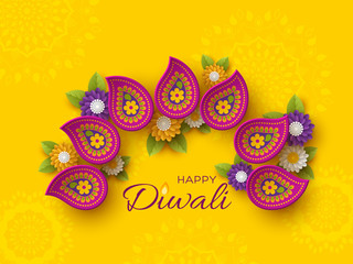 Diwali festival holiday design with paper cut style of Indian Rangoli and flowers. Purple color on yellow background. Vector illustration.