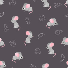 Seamless pattern with cute watercolor mice and sketch cheese.