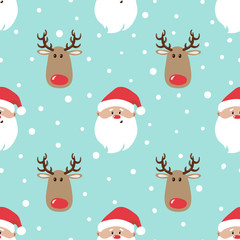 Seamless Christmas pattern with cartoon Santa and deer. Wrapping paper design.