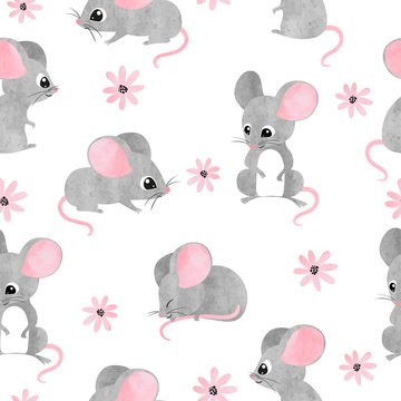 Seamless watercolor cute mice pattern. Vector mouse background for kids.