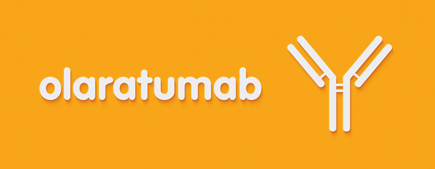 Olaratumab monoclonal antibody drug. Targets platelet-derived growth factor receptor alpha and is used in the treatment of cancer. Generic name and stylized antibody representation.