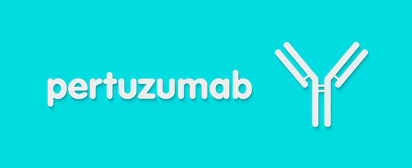 Pertuzumab monoclonal antibody drug. Targets the human epidermal growth factor receptor 2 (HER2) and is used in the treatment of cancer. Generic name and stylized antibody representation.