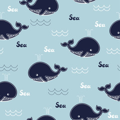 Childish seamless pattern with cute whales.