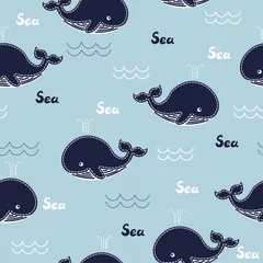 Wallpaper murals Sea waves Childish seamless pattern with cute whales.