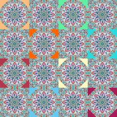 Seamless pattern with abstract flowers mandalas in patchwork style. Indian, persian, moroccan motives.
