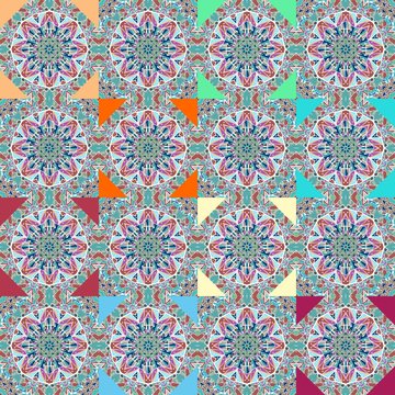 Seamless pattern with abstract flowers mandalas in patchwork style. Indian, persian, moroccan motives.