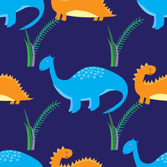 Cute dinosaurs seamless pattern. Vector background with cartoon dinosaurs.