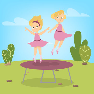 Little girls in dresses jumping on trampoline
