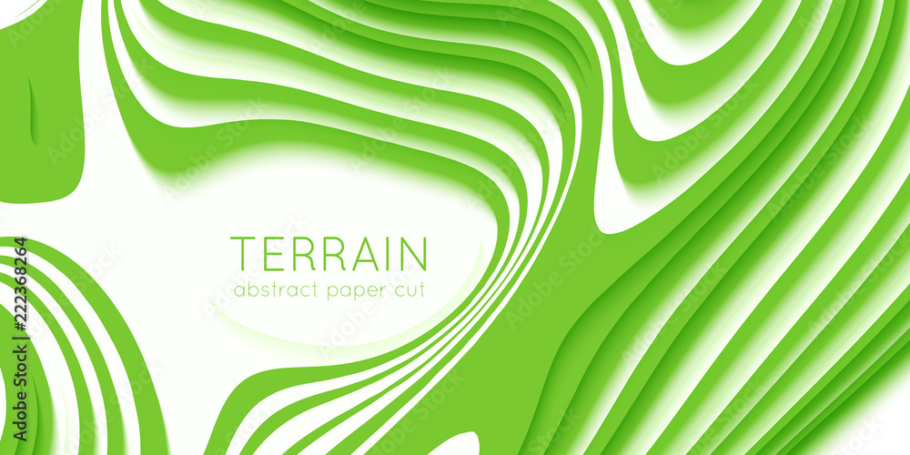 Poster abstract green paper cut terrain. paper sclices with soft shadow form 3d hills. minimalistic design.