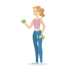 Fototapeta na wymiar Beautiful fitness woman standing with green dumbbell