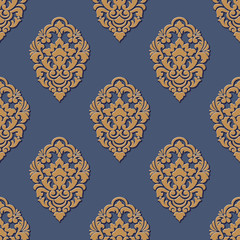 Vector volumetric damask seamless pattern background. Elegant luxury embossed texture for wallpapers, backgrounds and page fill. 3D elements with shadows and highlights.