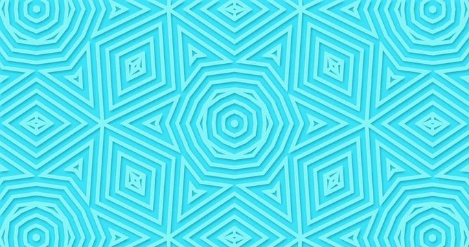 Brightly turquoise geometric background. Abstract shapes endlessly move. Kaleidoscope of flower of Middle Eastern ornament. Stylish modern Motion design. Islamic decoration pattern, paper cut effect
