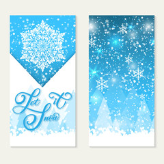 Naklejka na ściany i meble Happy Winter Holidays gift card. Let It Snow. Elegant handwritten calligraphy for winter holidays. Volumetric letters with shadow and snowflakes with winter landscape.