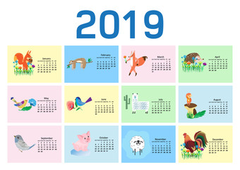 Cute Calendar for 2019 with cute animals, cartoon style vector illustration